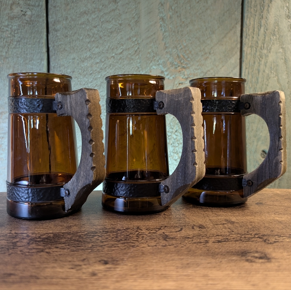 Siesta Ware Amber Glass Mugs Wooden Handles, Set of 3, Vintage